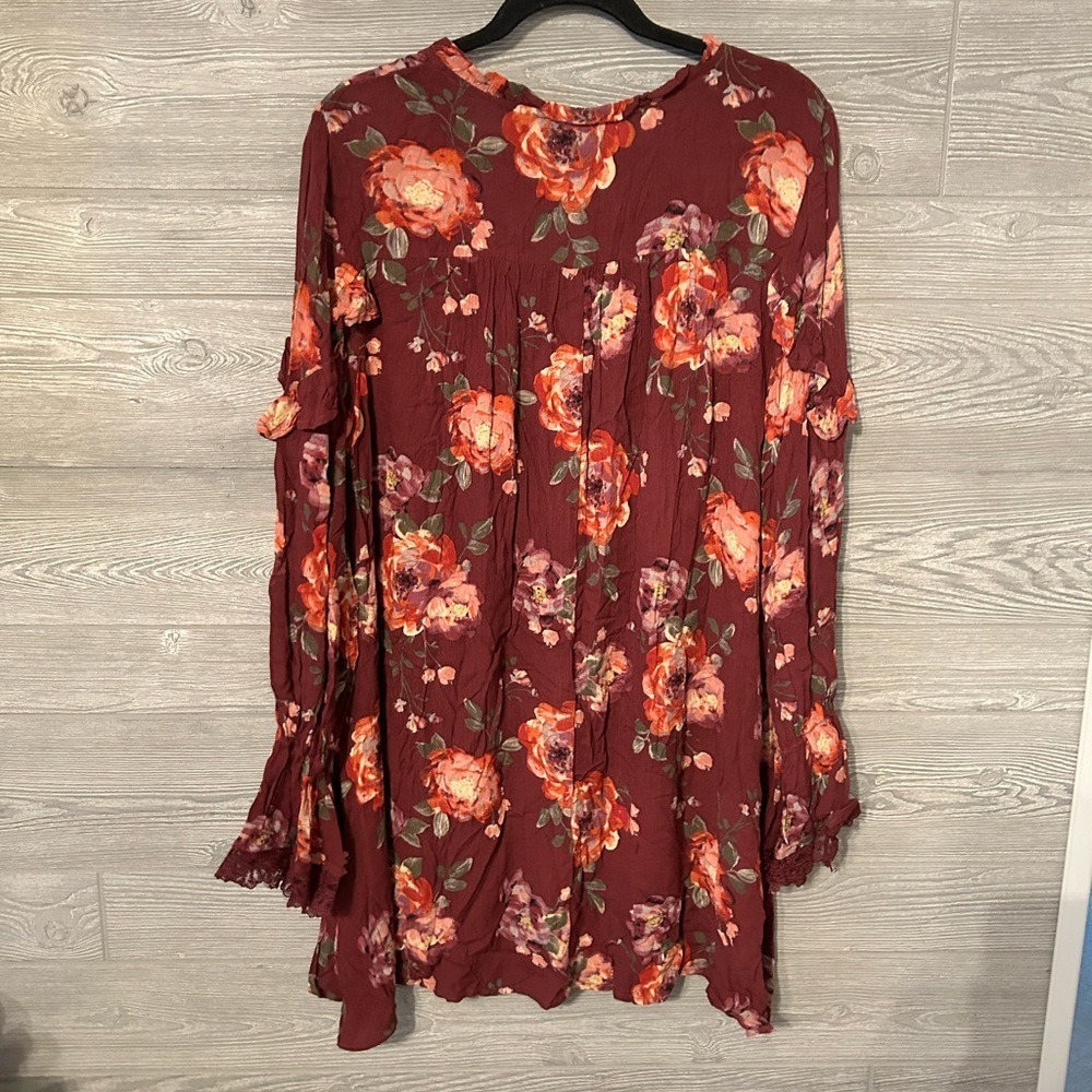 Altard State Burgundy Floral‎ Ruffle Lace Sleeve Tunic Dress Size L - Picture 5 of 8